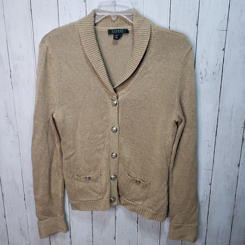 Vintage Ralph Lauren LRL Tan Cotton Shawl Collar V-Neck Sweater Cardigan Size L
